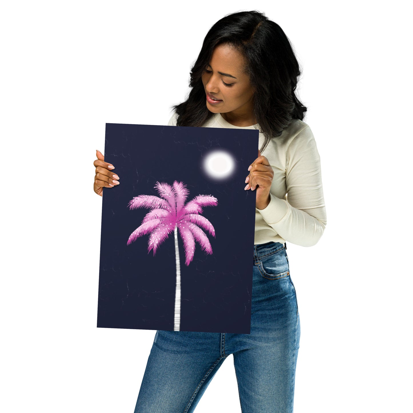 Pink Palm Tree Art Print | Tropical Night Wall Art | Coastal Boho Decor