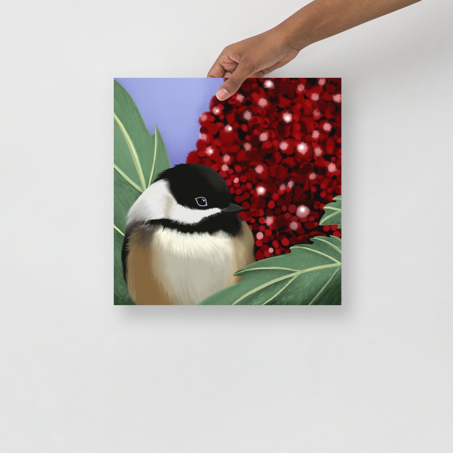 Chickadee & Sumac Tree Wall Art | Hand-Painted Bird Print | Nature Home Décor