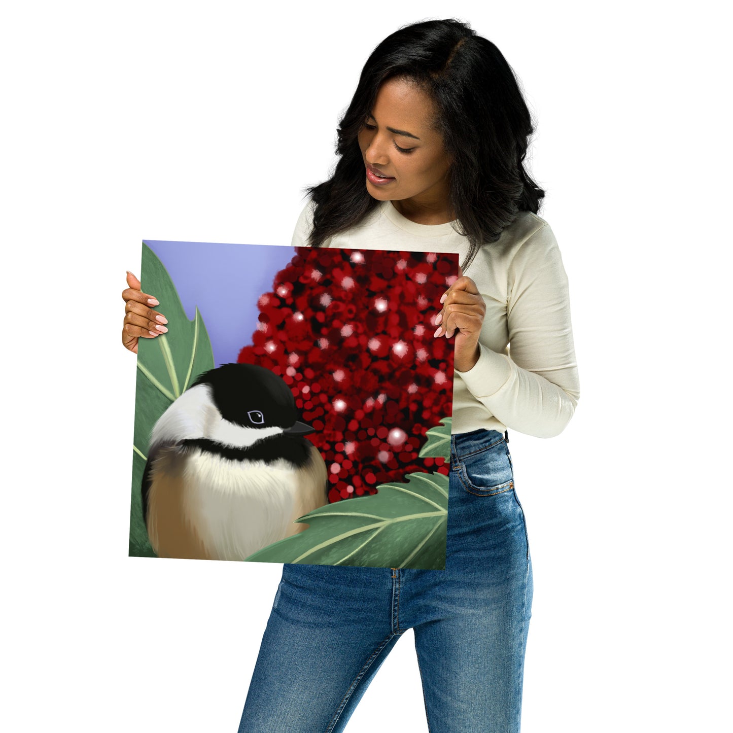 Chickadee & Sumac Tree Wall Art | Hand-Painted Bird Print | Nature Home Décor