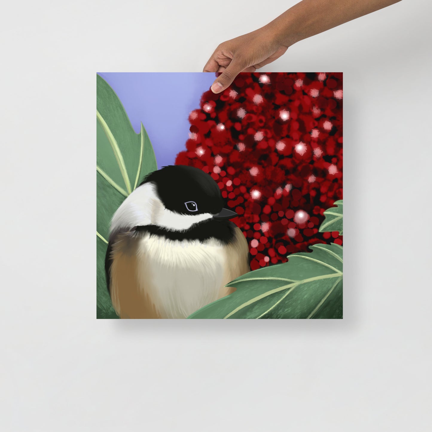 Chickadee & Sumac Tree Wall Art | Hand-Painted Bird Print | Nature Home Décor