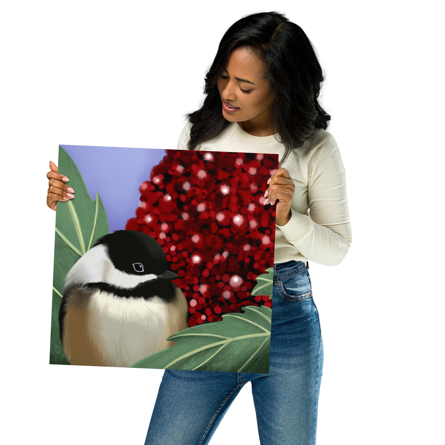 Chickadee & Sumac Tree Wall Art | Hand-Painted Bird Print | Nature Home Décor