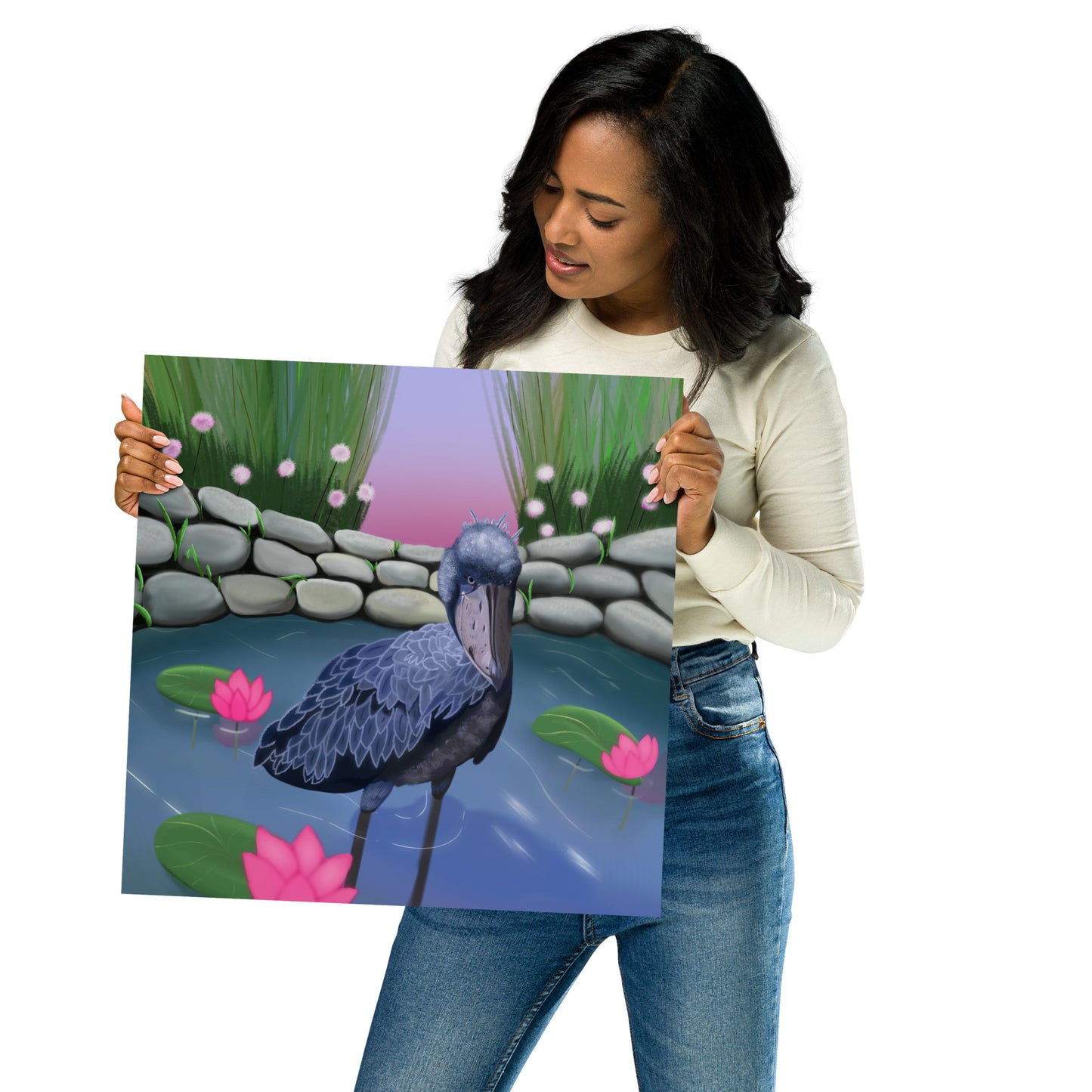 Shoebill Stork Wall Art | Hand-Painted Bird in Lotus Pond