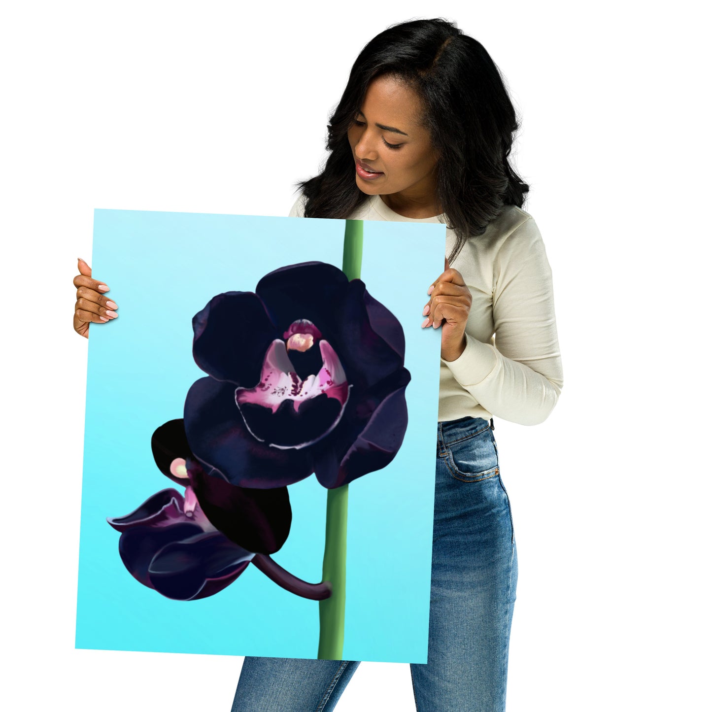 Black Orchid Wall Art | Hand-Painted Floral Print – Framed or Unframed