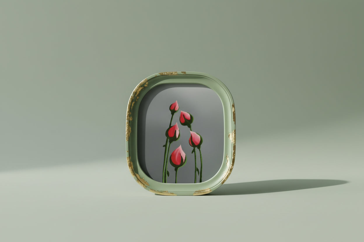 Art print of red flower buds on a gray background