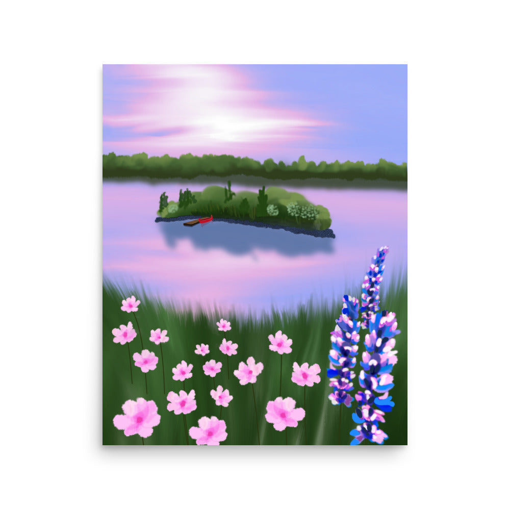 Red Canoe at Sunset – Lake Landscape Wall Art Print