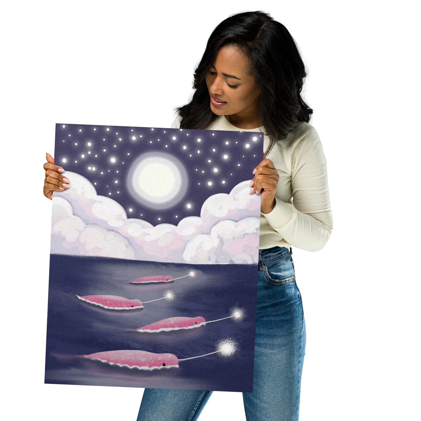 Narwhals Under the Stars | Whimsical Ocean Wall Art Print