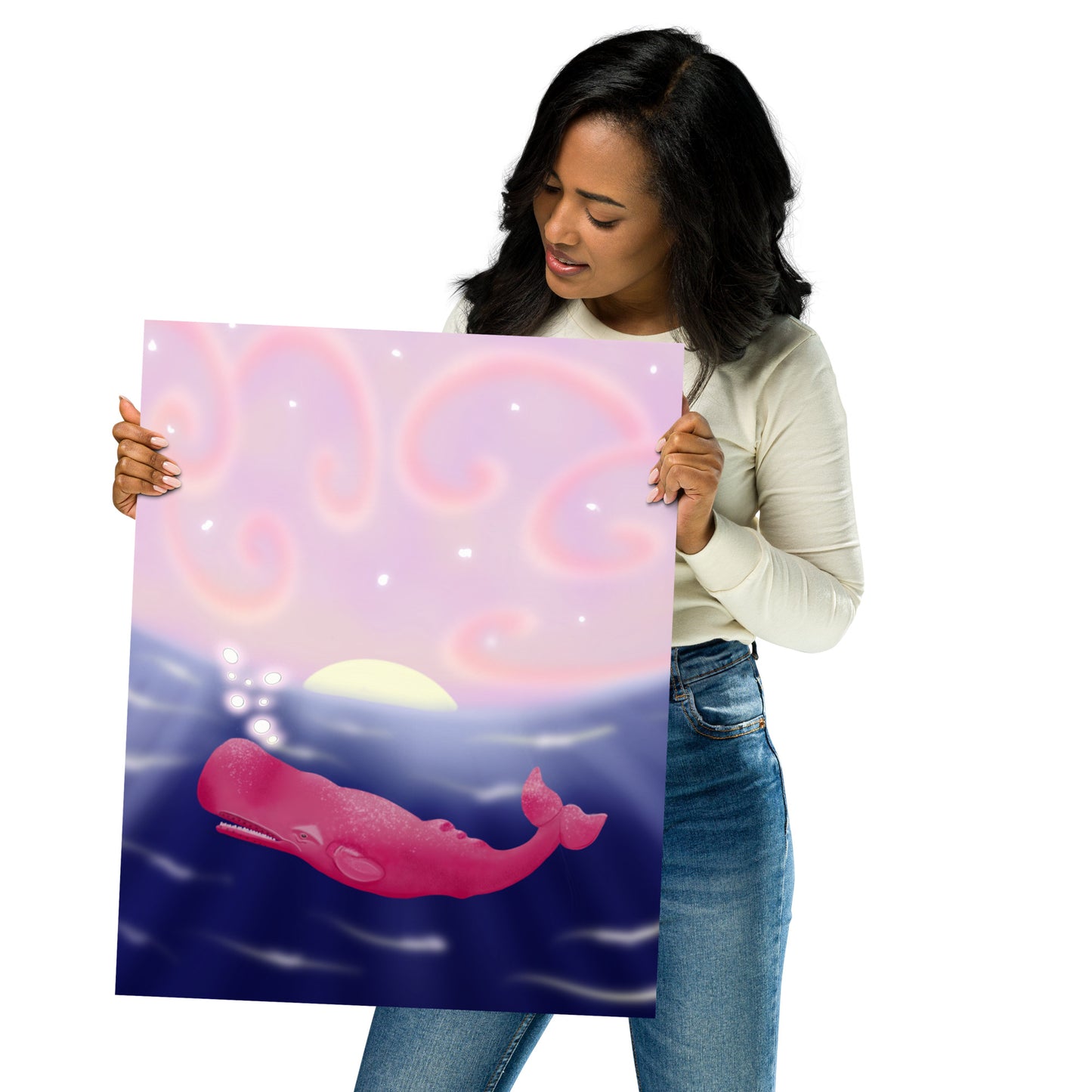 Pink Whale at Sunset Wall Art | Hand-Painted Ocean Print – Framed or Unframed
