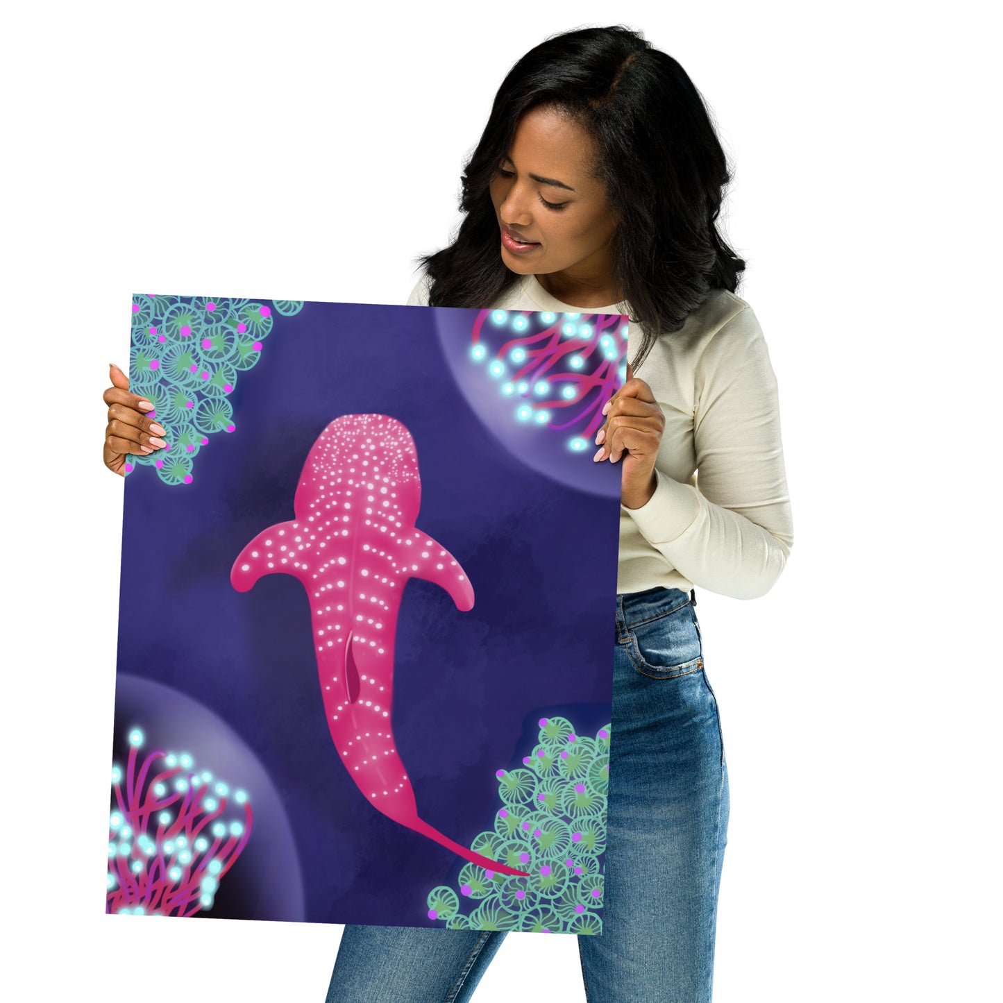 Pink Bioluminescent Whale Shark Wall Art | Ocean Print & Framed Poster