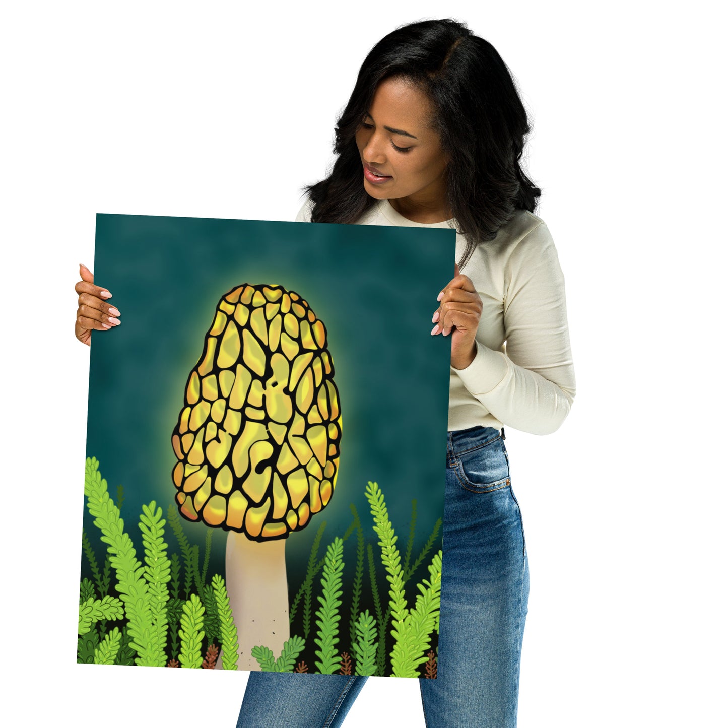 Glowing Morel Mushroom Art Print: Hand-Painted Forest Fungi Illustration