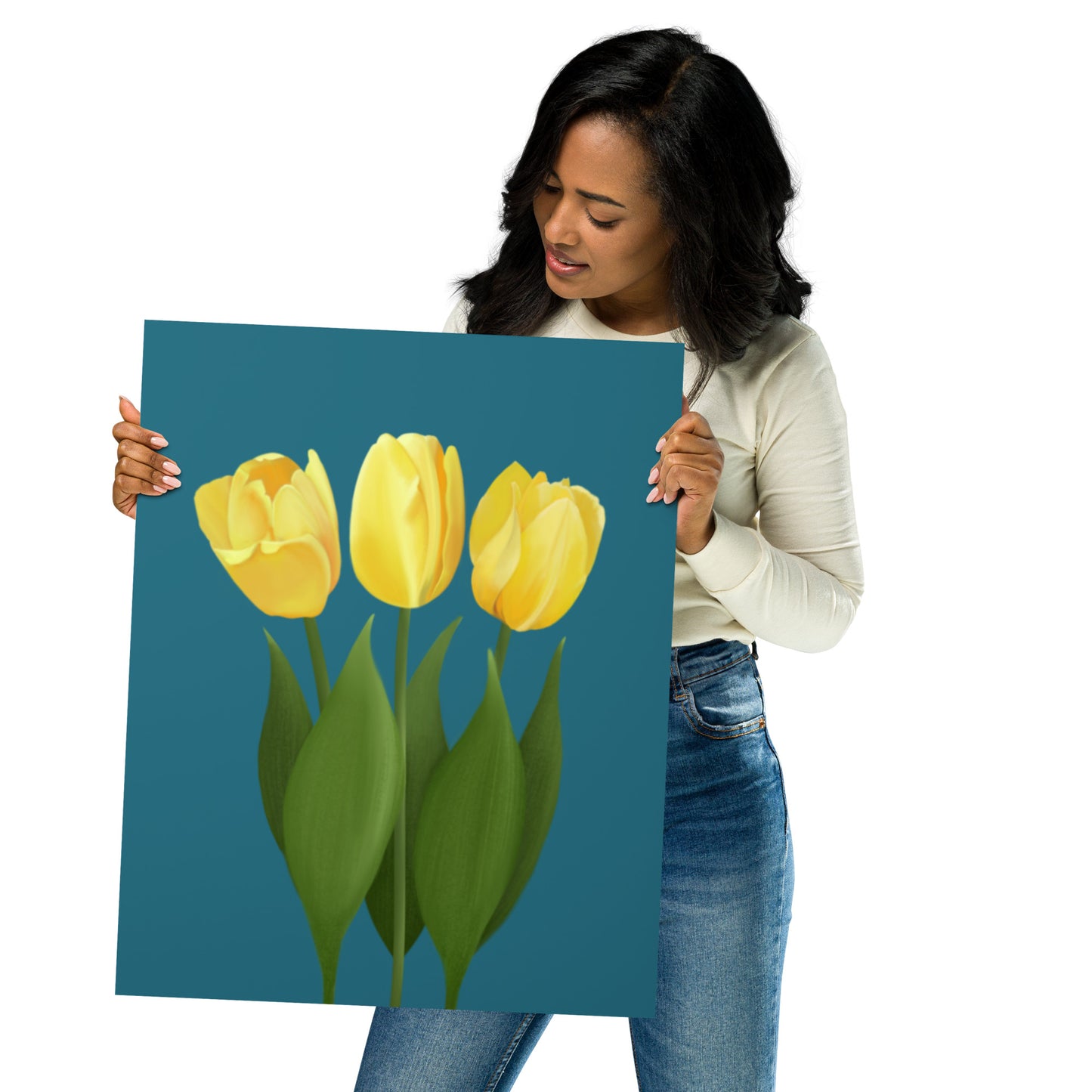 Yellow Tulip Floral Wall Art Print | Hand-Painted Botanical Decor on Teal