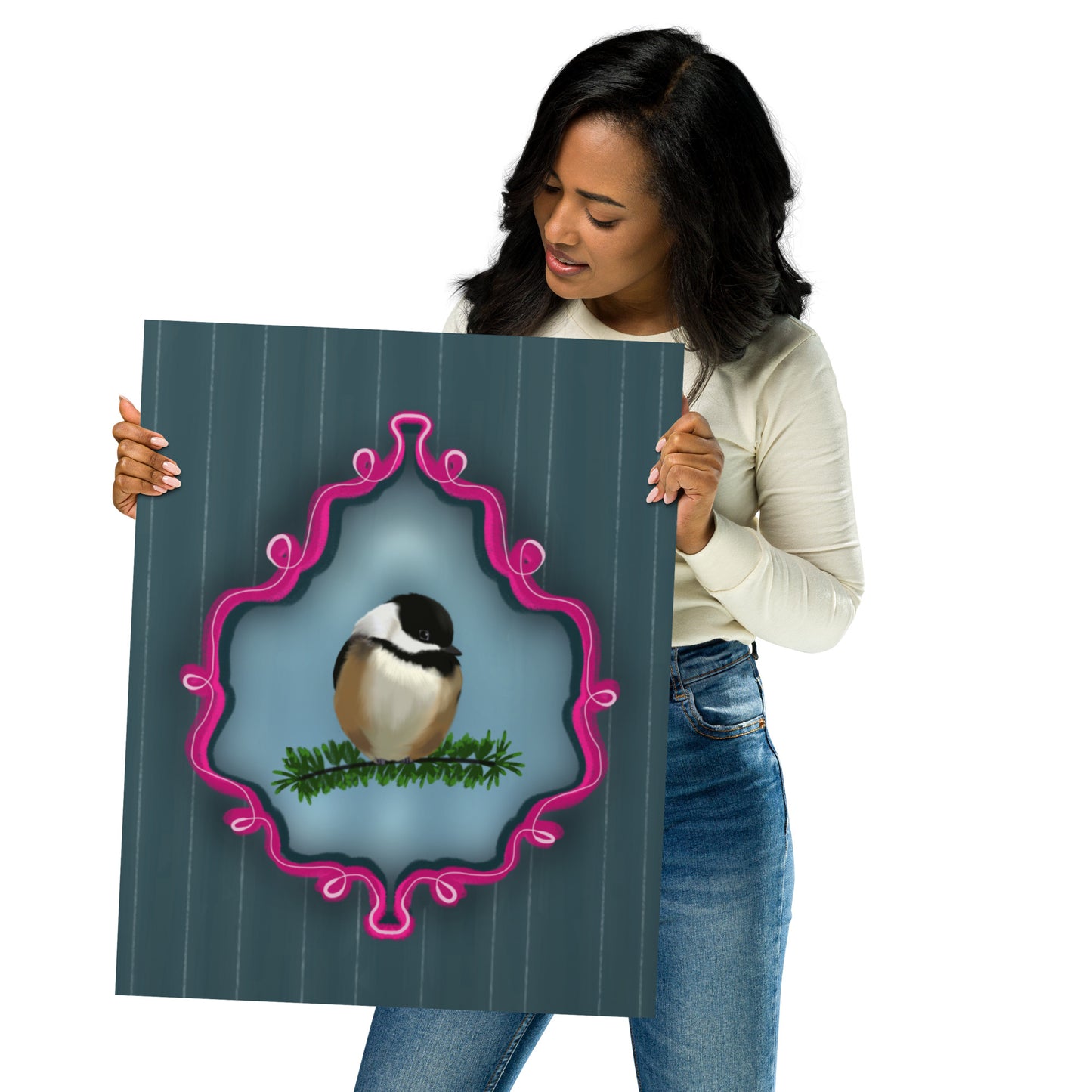 Chickadee on Pine Branch Wall Art | Whimsical Bird Print | Dark Blue Pinstripe