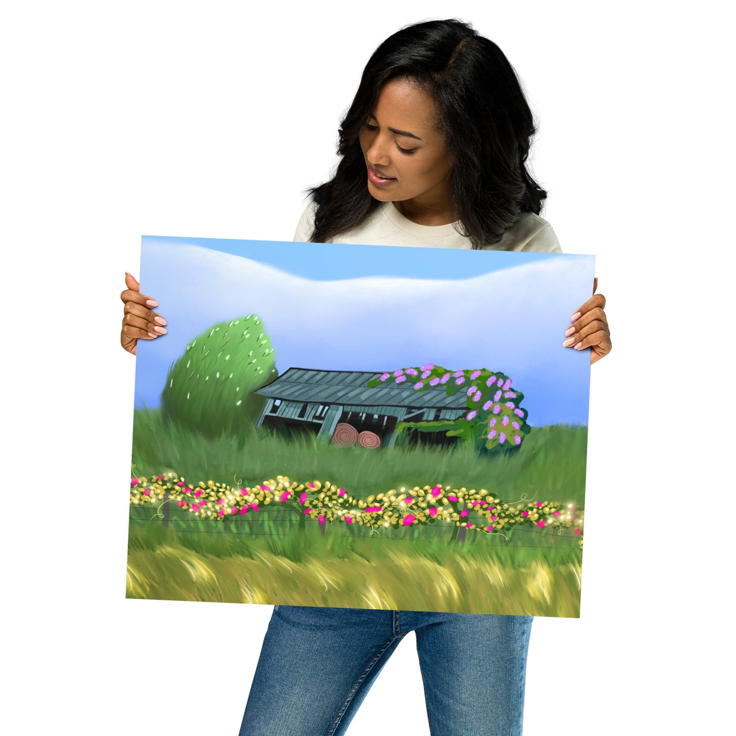 Countryside Barn & Lilac Florals Wall Art Print | Rustic Landscape Poster