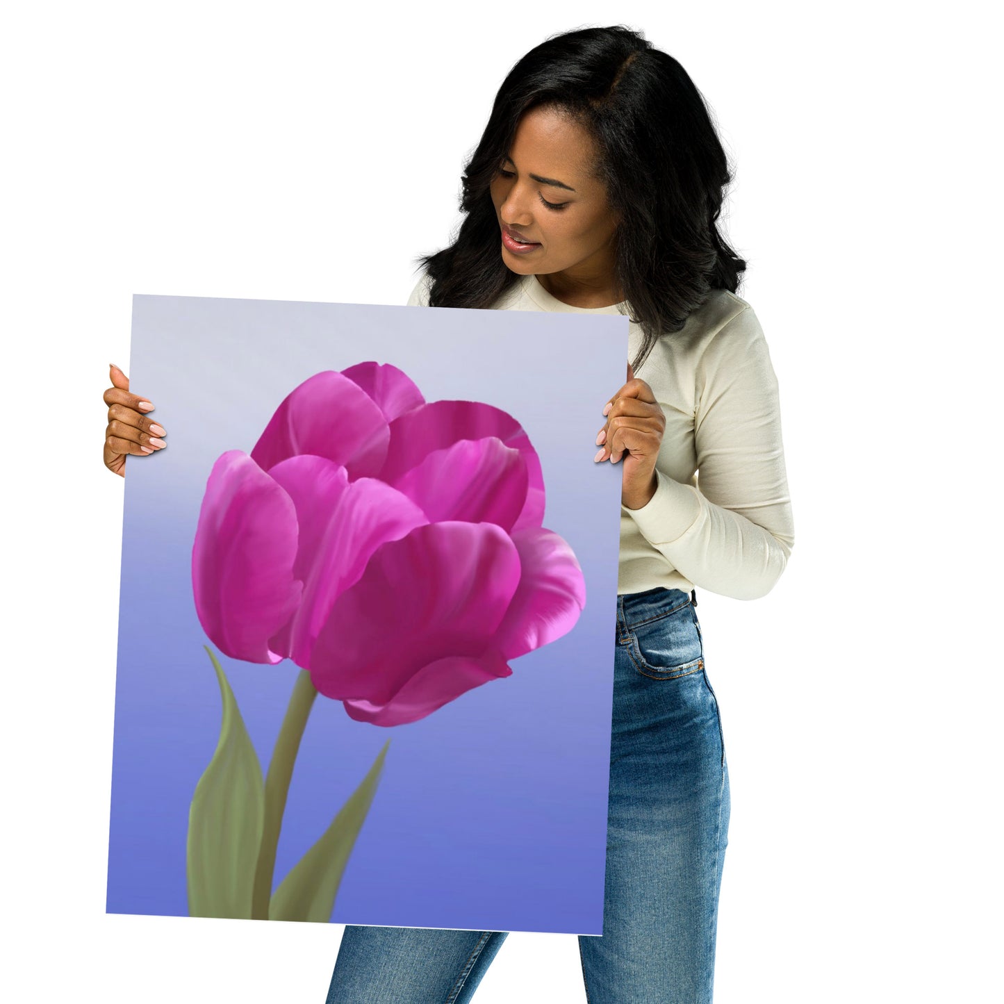Fuchsia Tulip Wall Art | Hand-Painted Botanical Print on Blue
