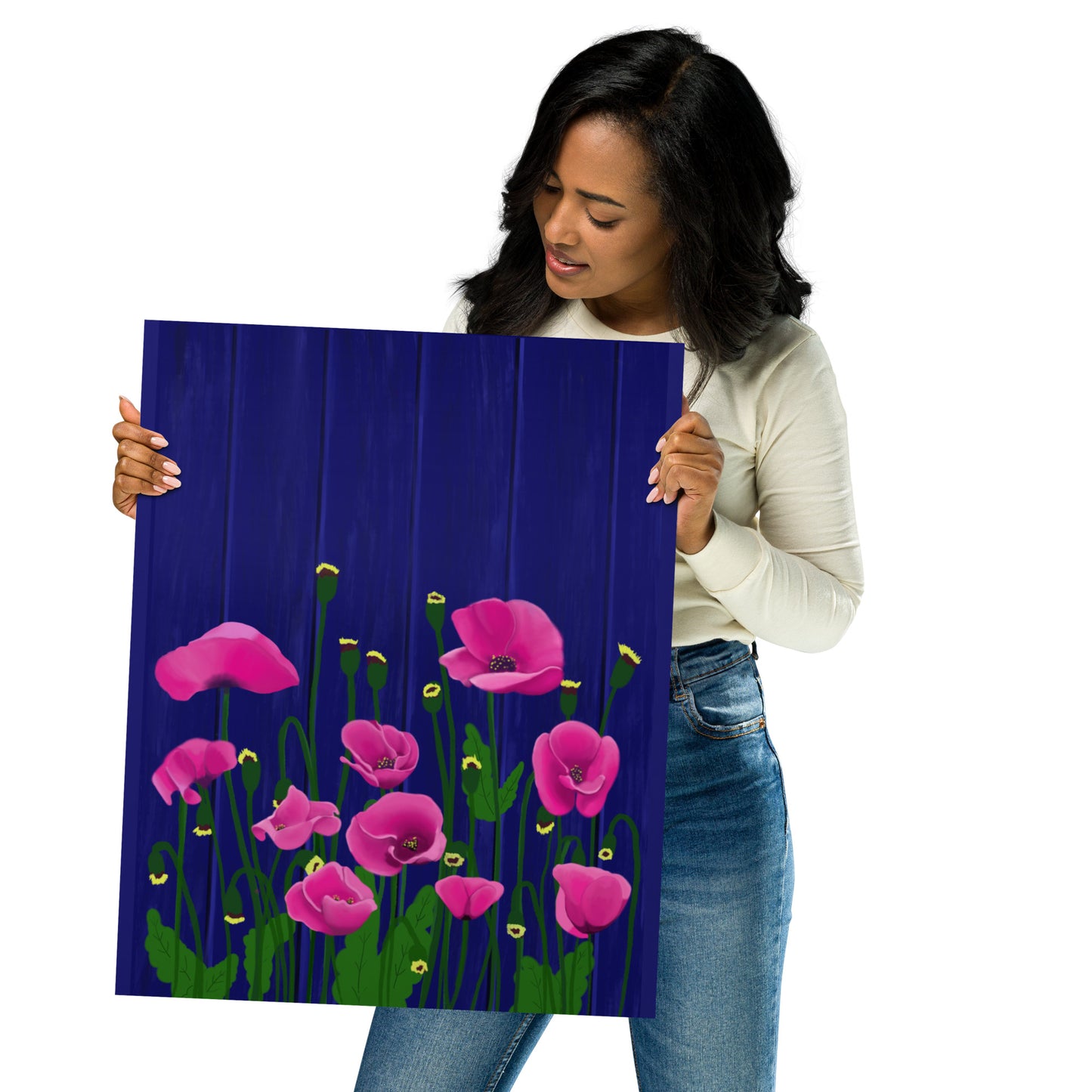 Pink Poppy Garden Wall Art | Framed Prints & Posters | Blue Fence Floral Decor