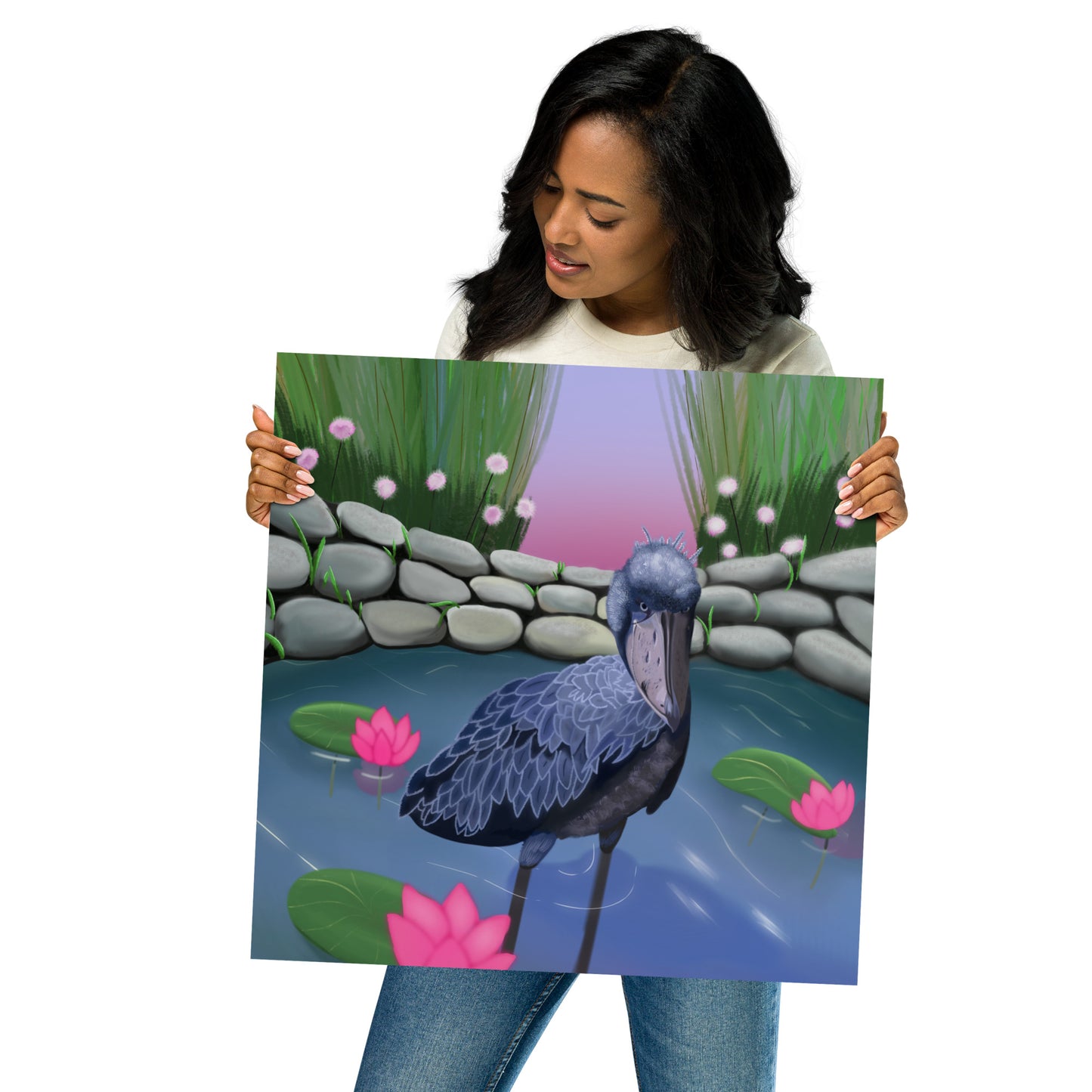 Shoebill Stork Wall Art | Hand-Painted Bird in Lotus Pond