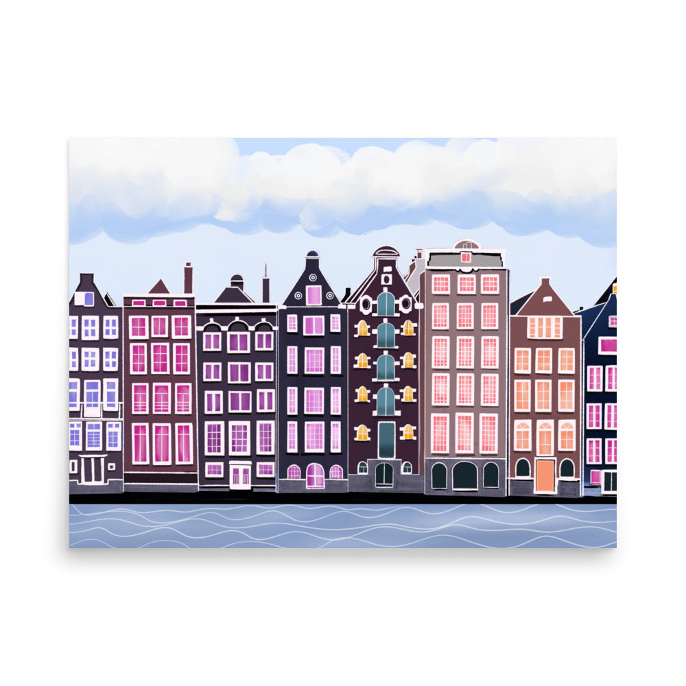Amsterdam Canal Houses Wall Art | Colorful Dutch Cityscape Print & Framed Poster
