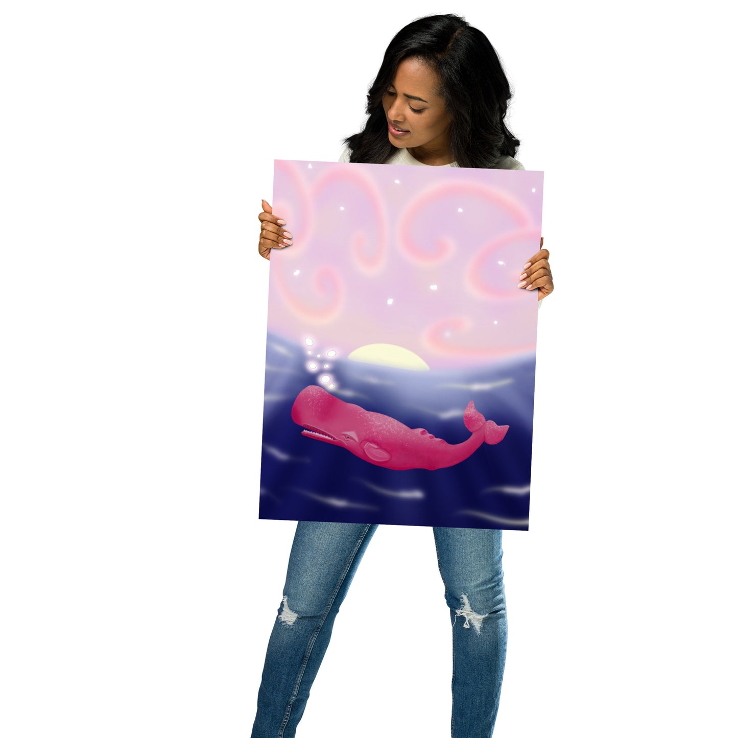 Pink Whale at Sunset Wall Art | Hand-Painted Ocean Print – Framed or Unframed