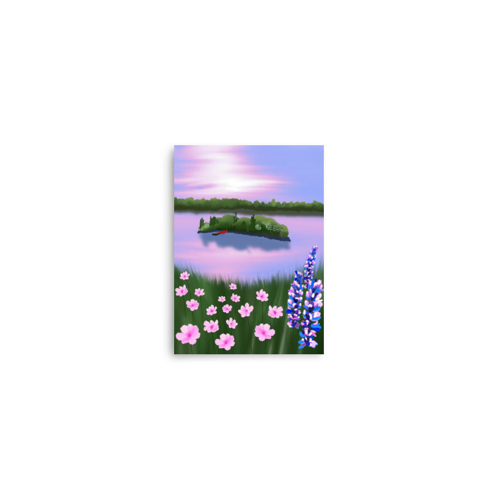 Red Canoe at Sunset – Lake Landscape Wall Art Print