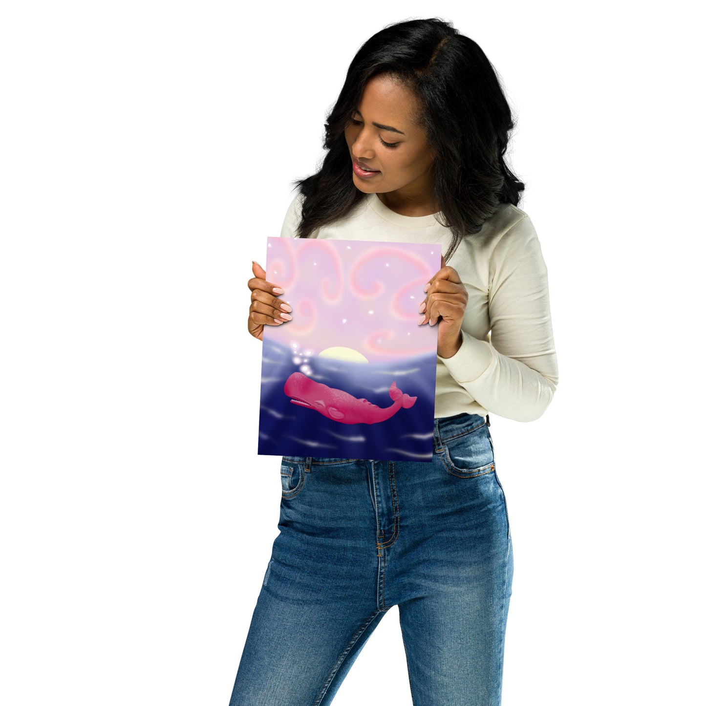 Pink Whale at Sunset Wall Art | Hand-Painted Ocean Print – Framed or Unframed