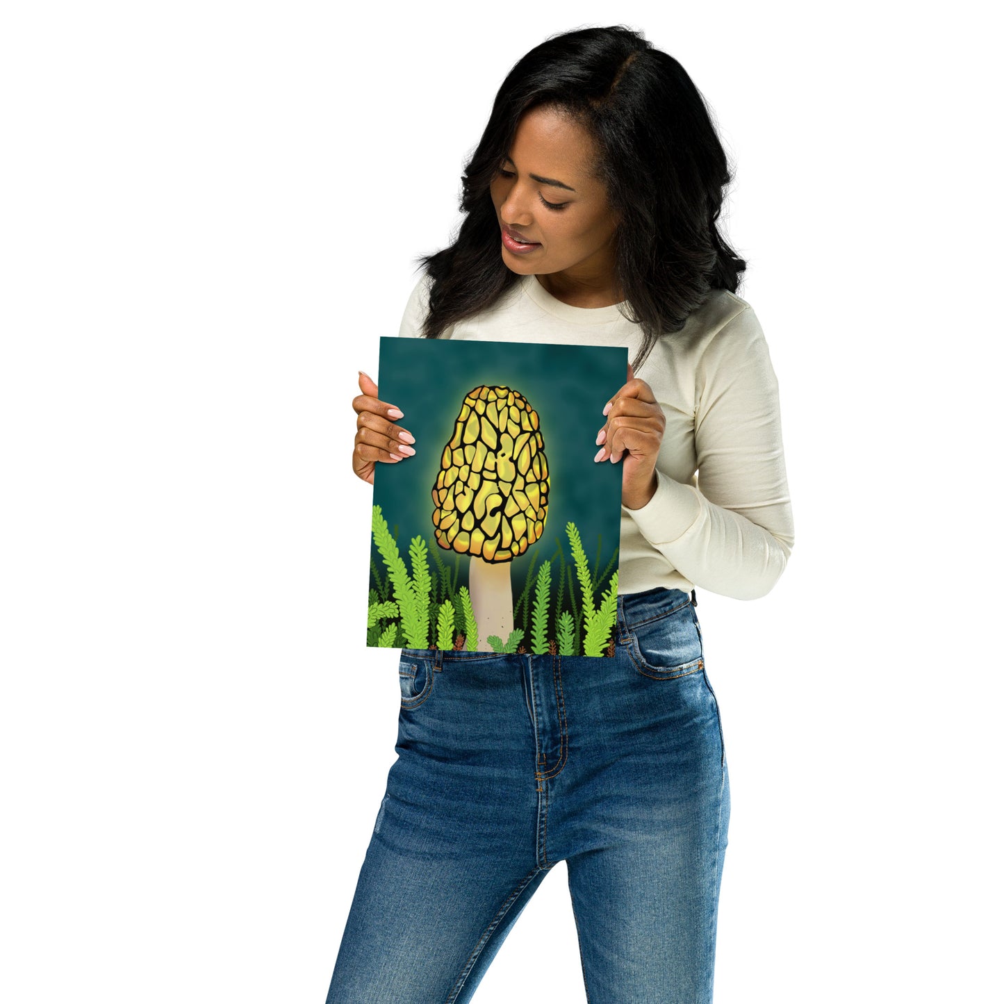 Glowing Morel Mushroom Art Print: Hand-Painted Forest Fungi Illustration