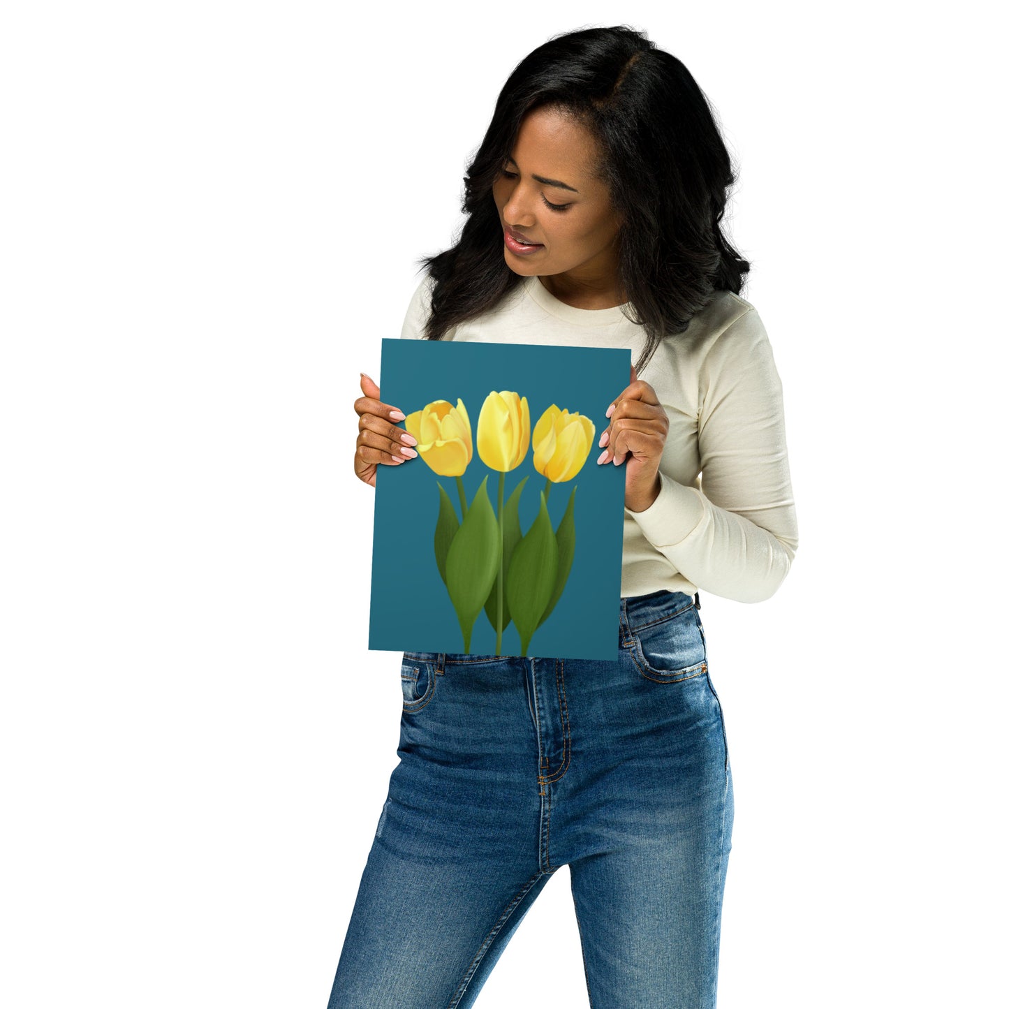 Yellow Tulip Floral Wall Art Print | Hand-Painted Botanical Decor on Teal