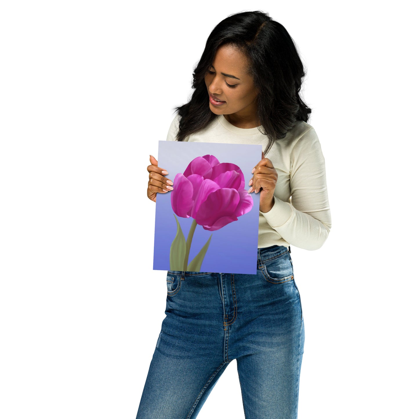 Fuchsia Tulip Wall Art | Hand-Painted Botanical Print on Blue