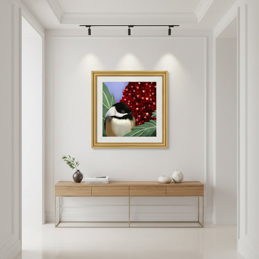 Chickadee & Sumac Tree Wall Art | Hand-Painted Bird Print | Nature Home Décor
