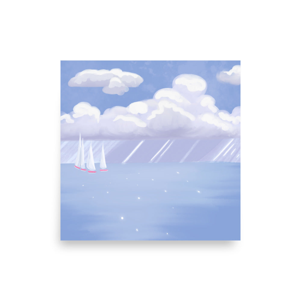 Coastal Sailboat Wall Art Print | Hand Painted Ocean Seascape | Blue Coastal Decor | Beach House Wall Art | Nautical Artwork | Digital Print
