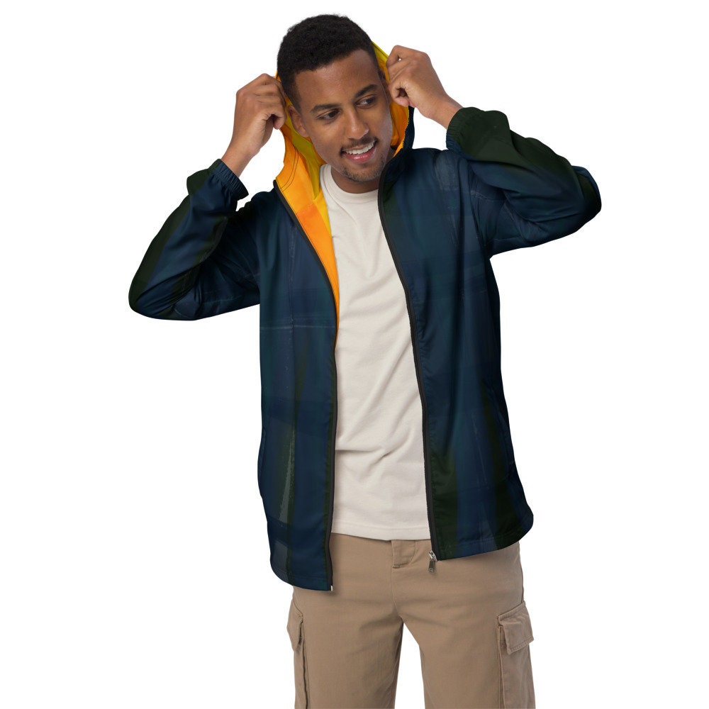 Indigo and Yellow Water-Resistant Windbreaker: Men's Lightweight Mesh-Lined Jacket