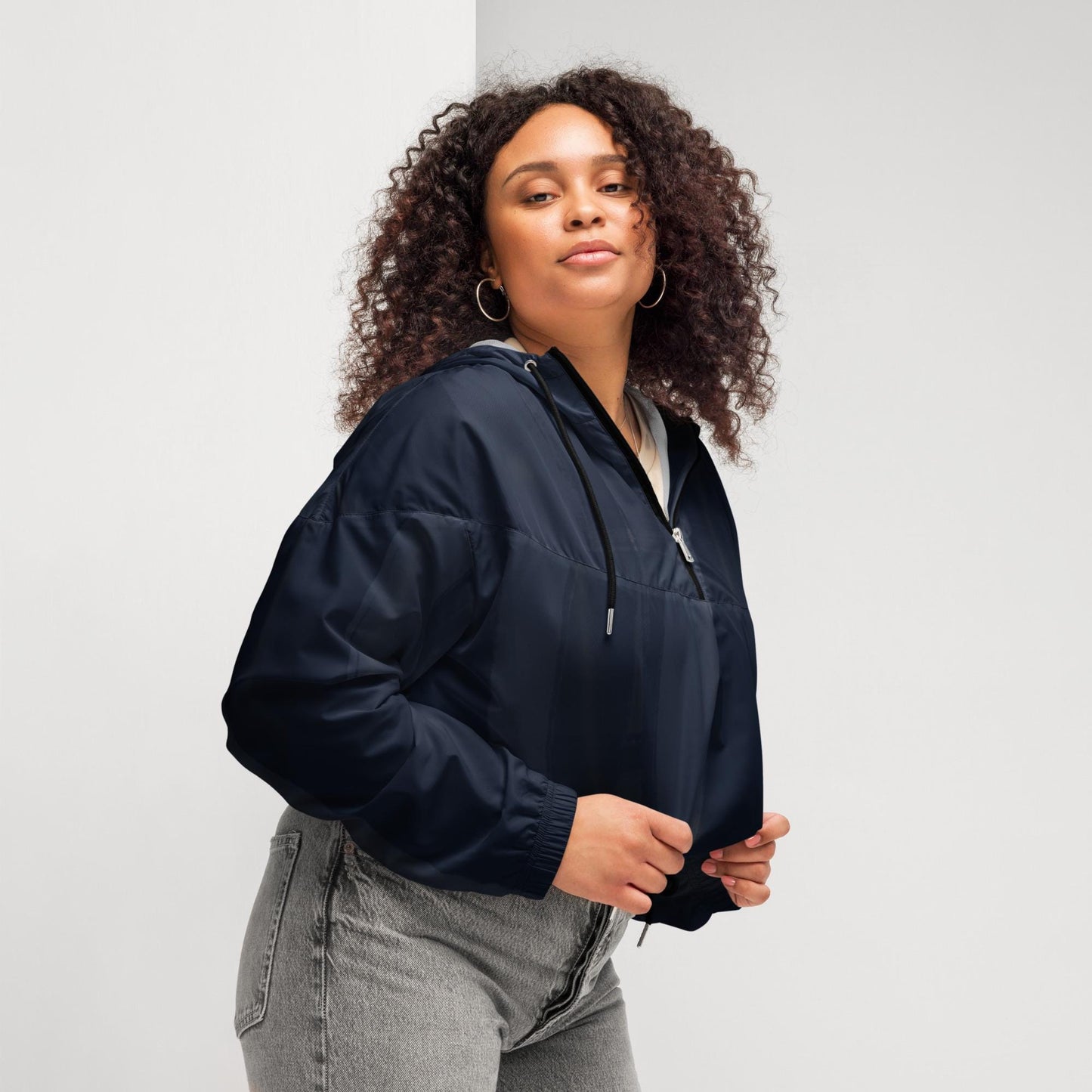 Indigo Cropped Windbreaker Hoodie – Women's Water-Resistant Athletic Jacket