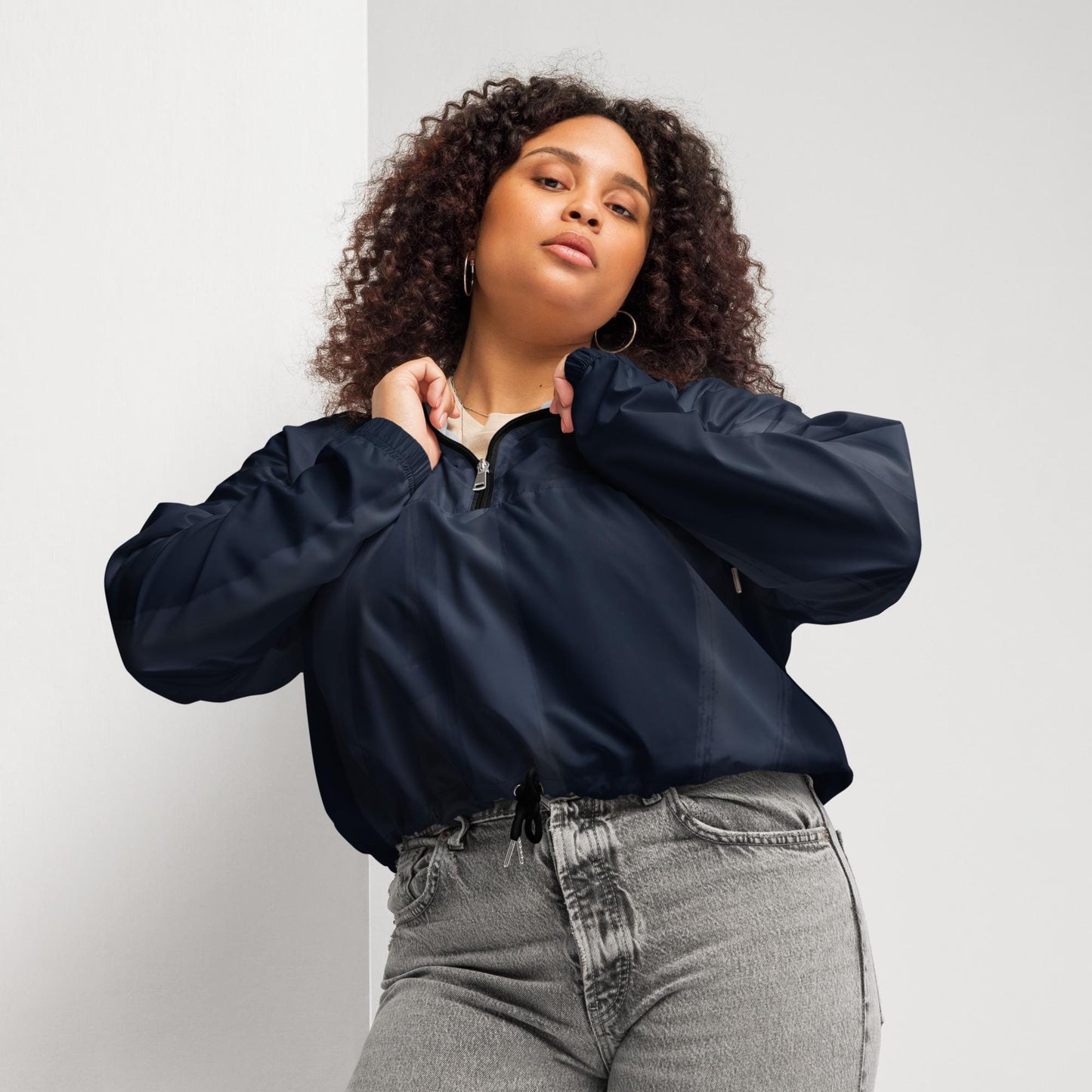 Indigo Cropped Windbreaker Hoodie – Women's Water-Resistant Athletic Jacket