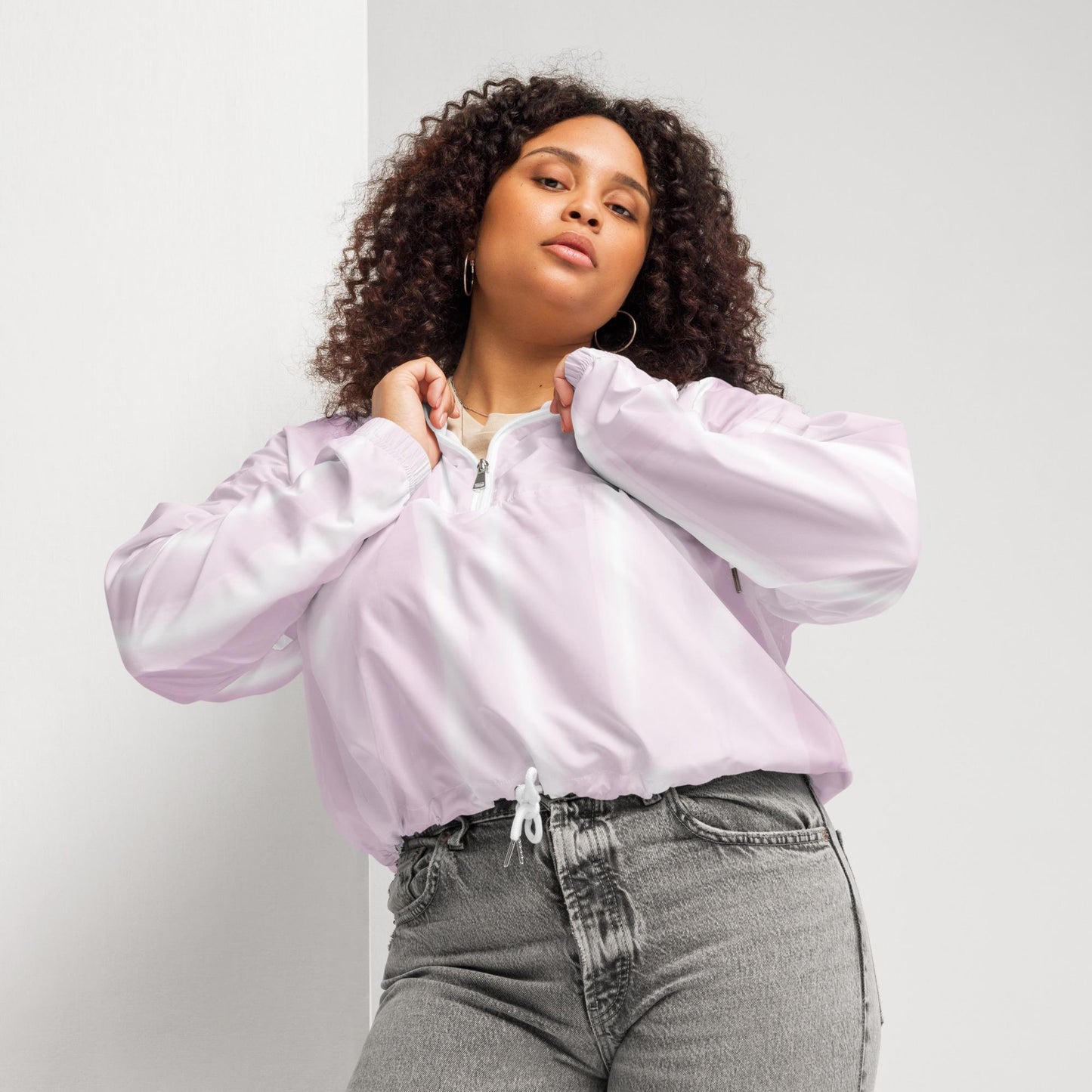 Baby Pink & White Cropped Windbreaker Hoodie – Women's Water-Resistant Jacket