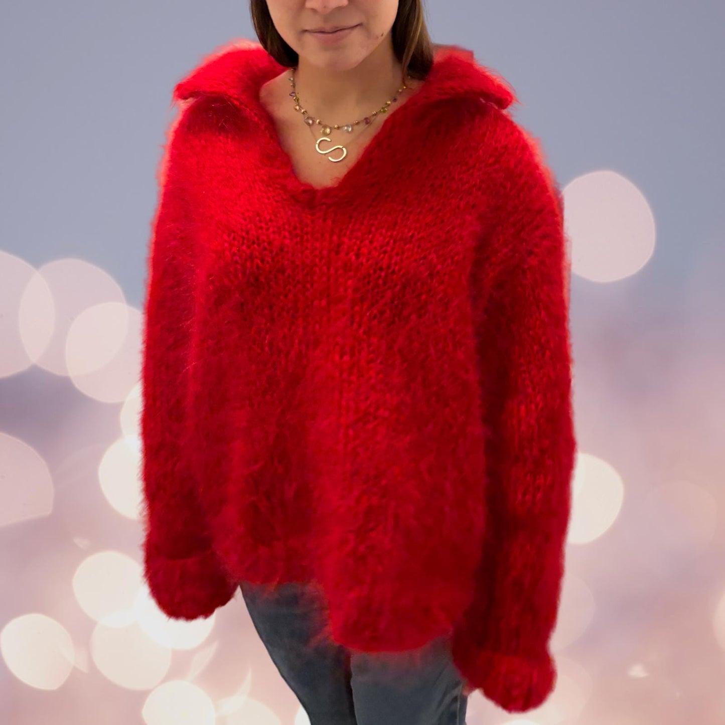 Hand Knit Red Mohair V-Neck Sweater: Oversized Luxury Pullover
