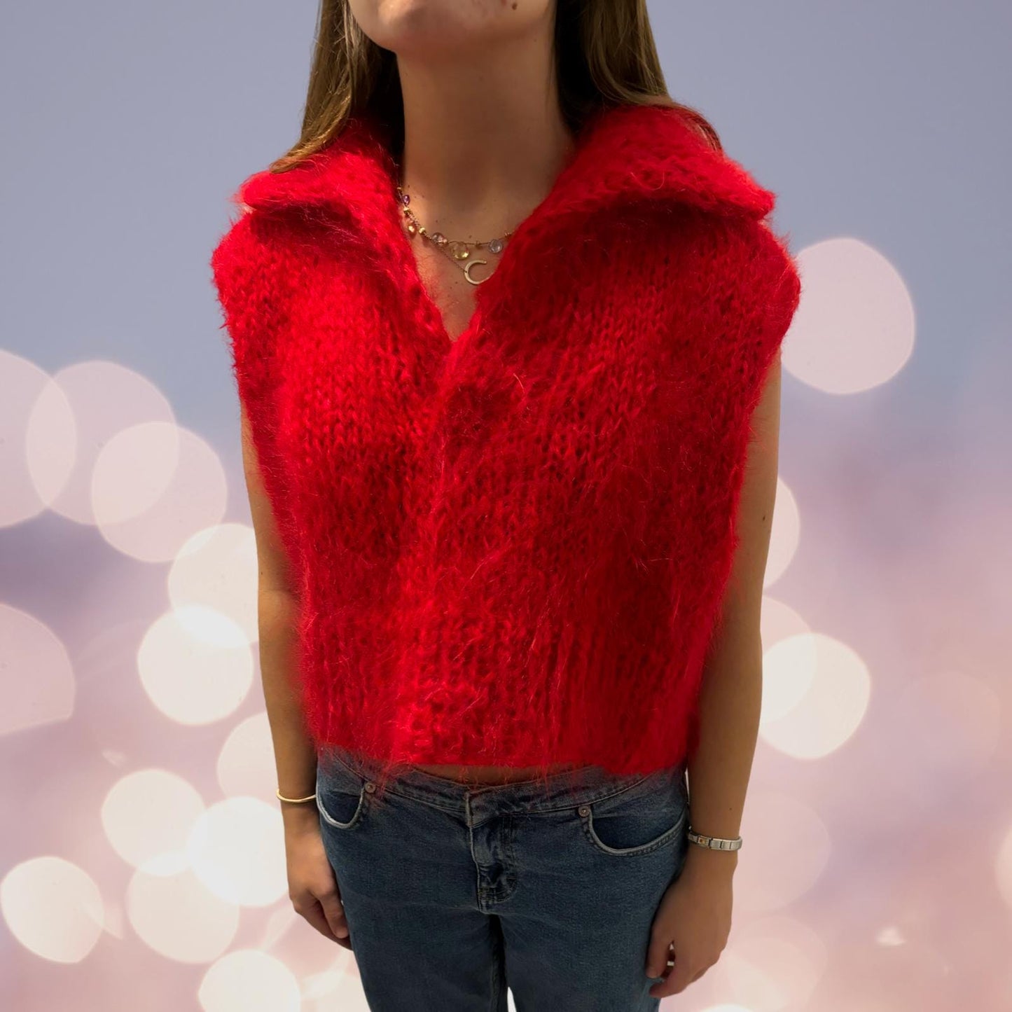 Hand-Knit Red Mohair Vest: Cropped V-Neck, Roll Collar