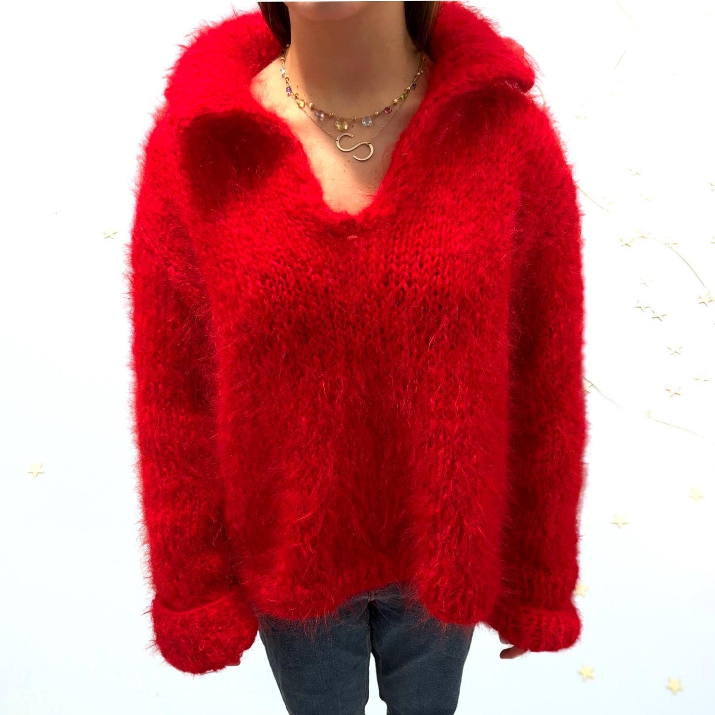 Hand Knit Red Mohair V-Neck Sweater: Oversized Luxury Pullover