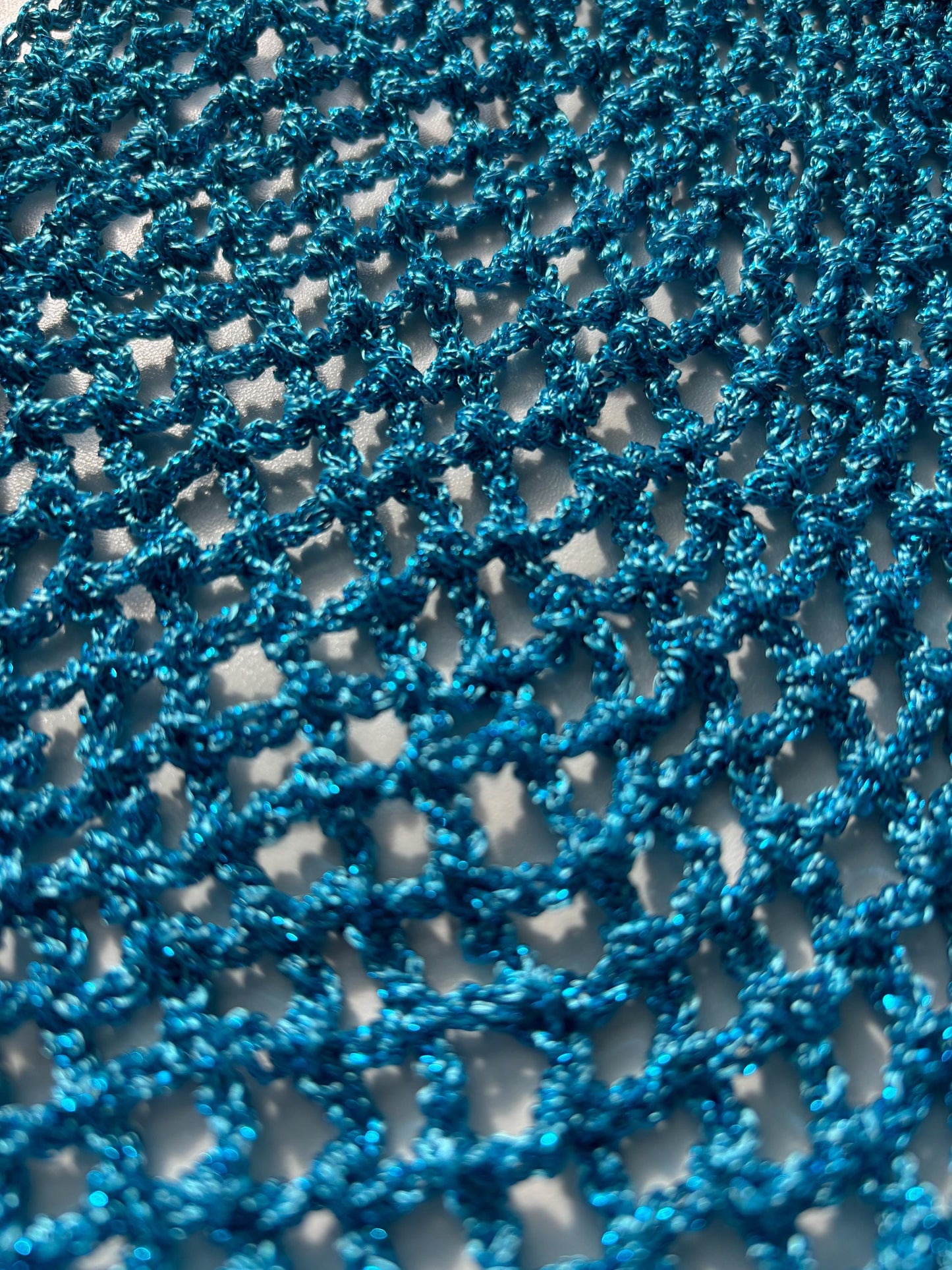 Teal Blue Crocheted Chainmail Scarf: Shimmery Metallic Tassel Shawl