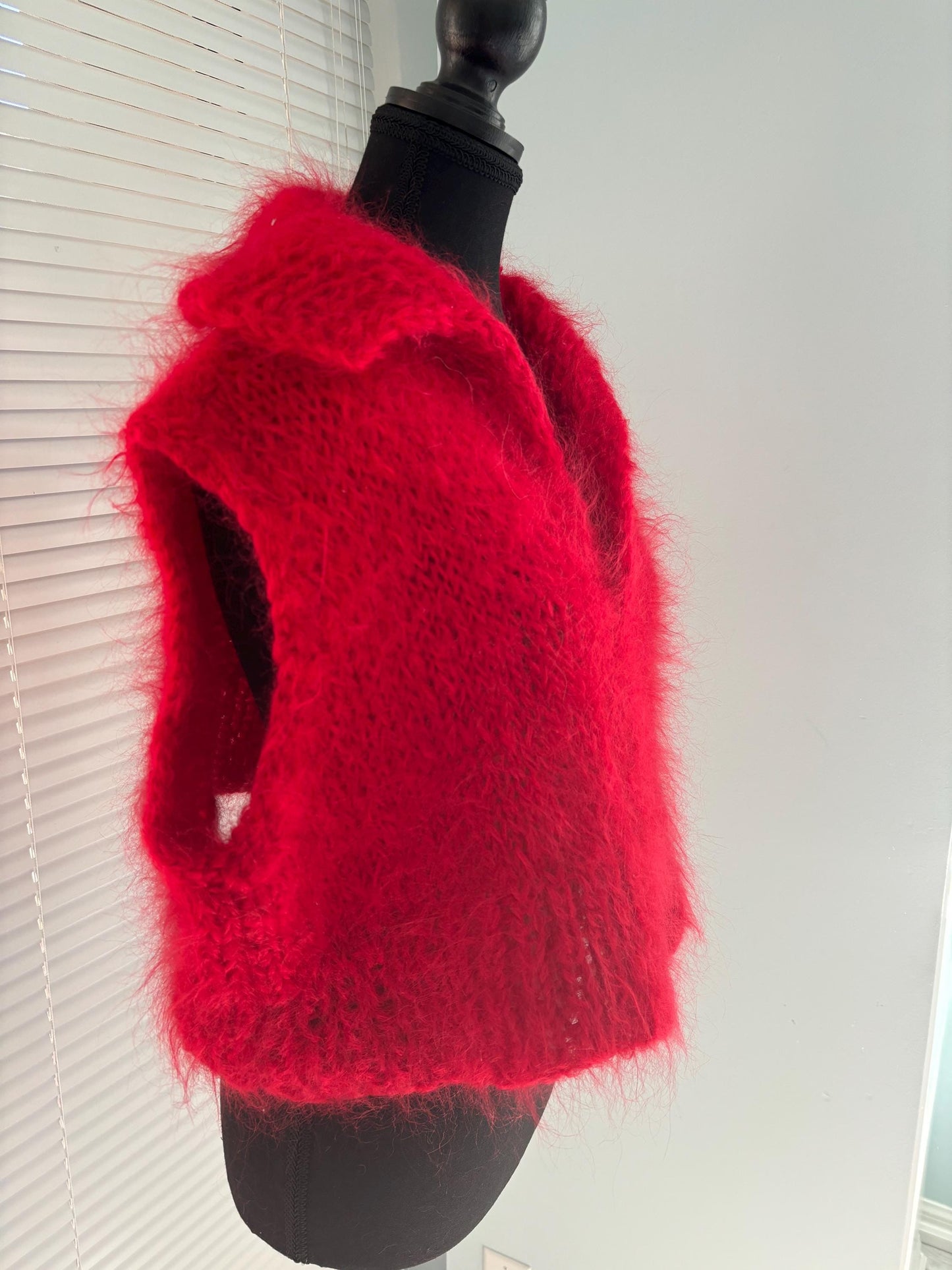 Hand-Knit Red Mohair Vest: Cropped V-Neck, Roll Collar