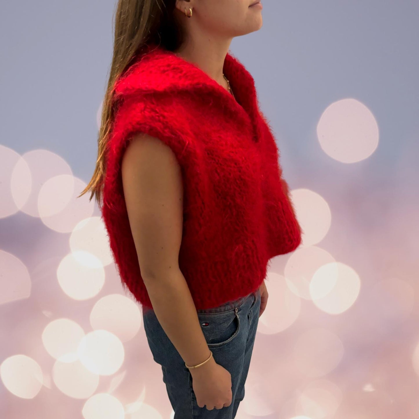 Hand-Knit Red Mohair Vest: Cropped V-Neck, Roll Collar