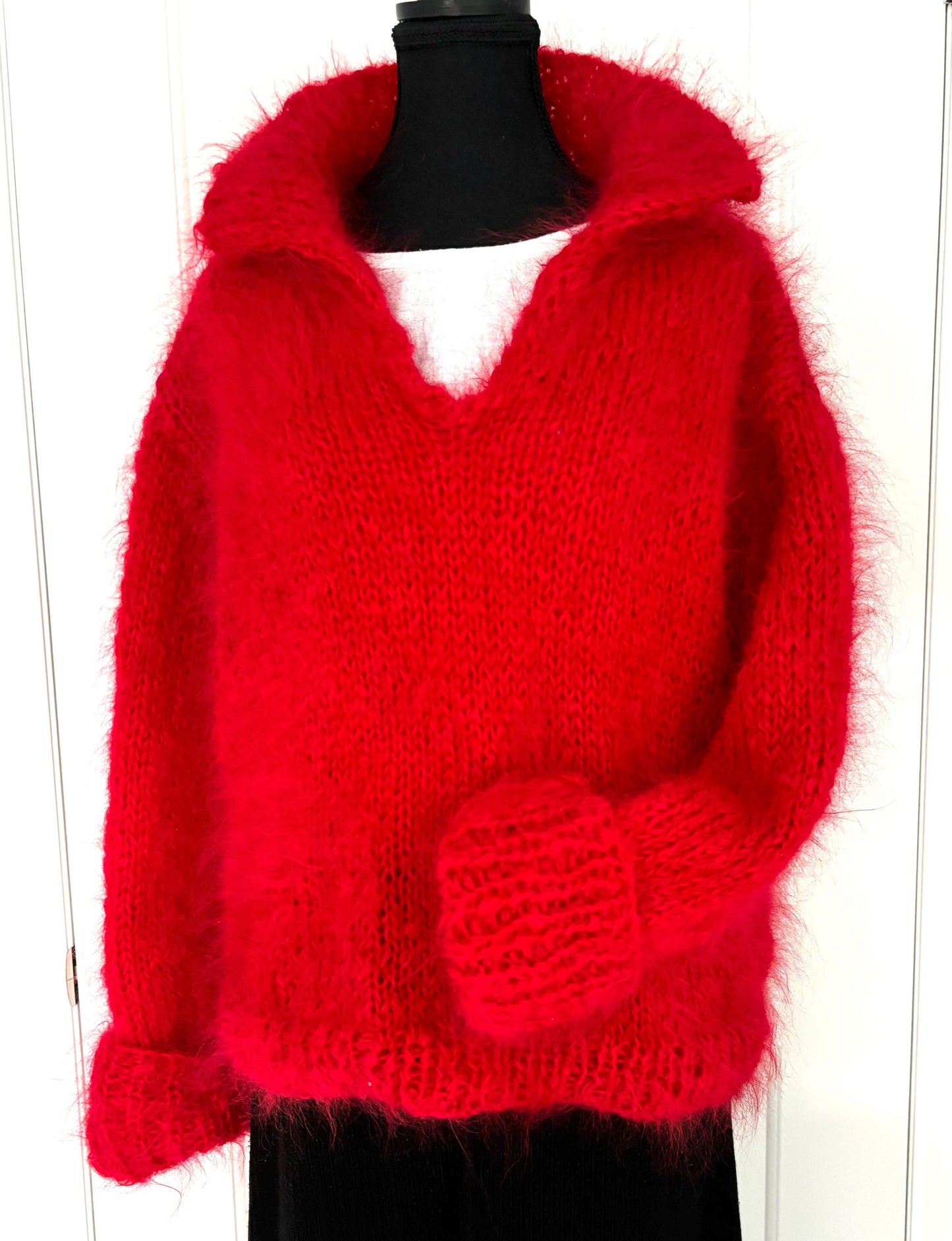 Hand Knit Red Mohair V-Neck Sweater: Oversized Luxury Pullover