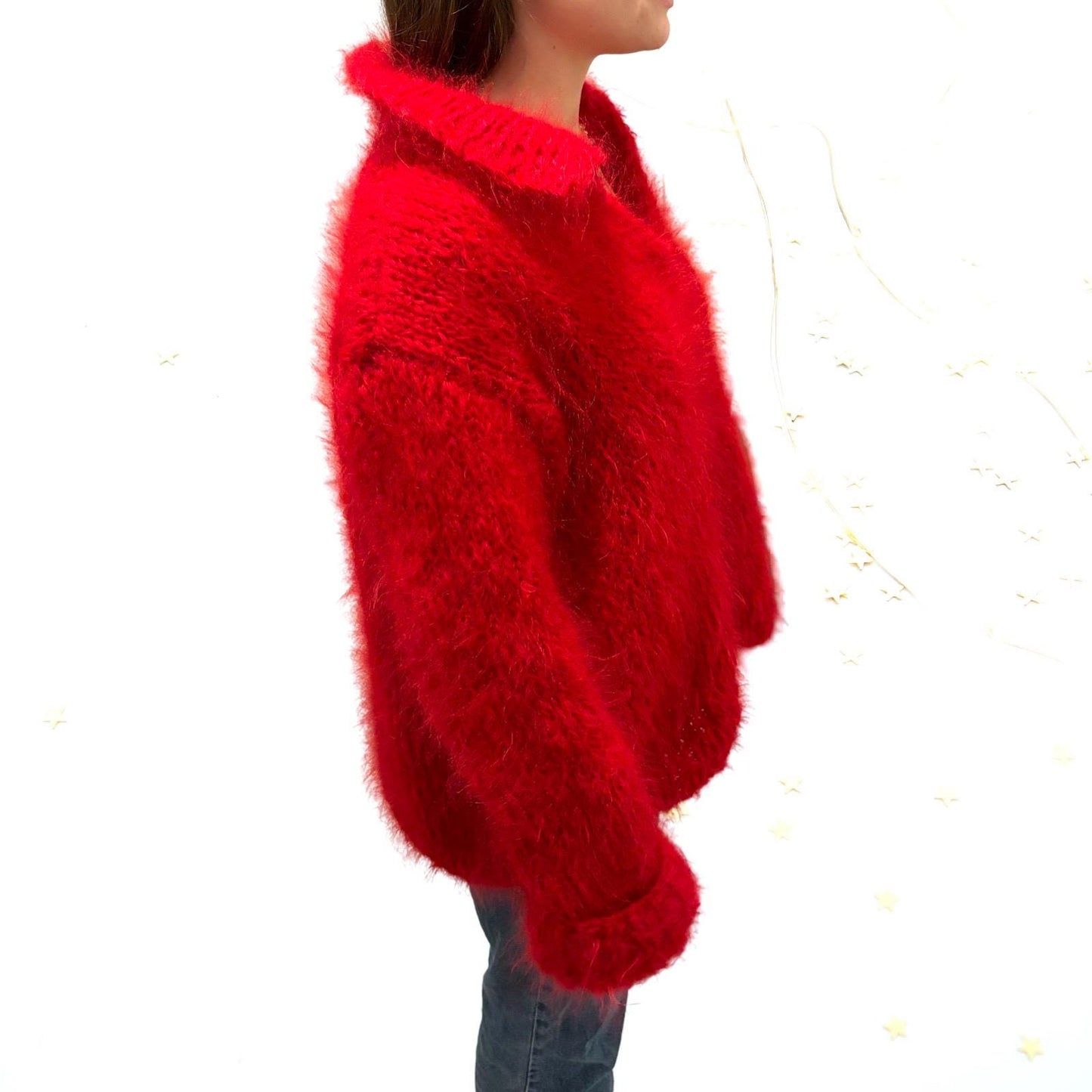 Hand Knit Red Mohair V-Neck Sweater: Oversized Luxury Pullover