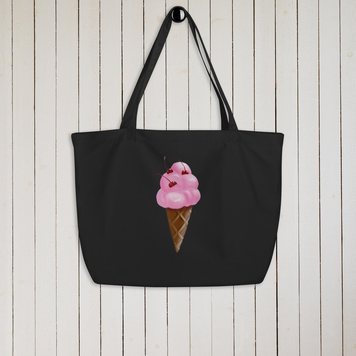 Strawberry Ice Cream Cone Large Organic Cotton Tote Bag | Eco-Friendly & Reusable