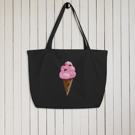 Strawberry Ice Cream Cone Organic Cotton Tote Bag: Eco-Friendly Groceries or Travel