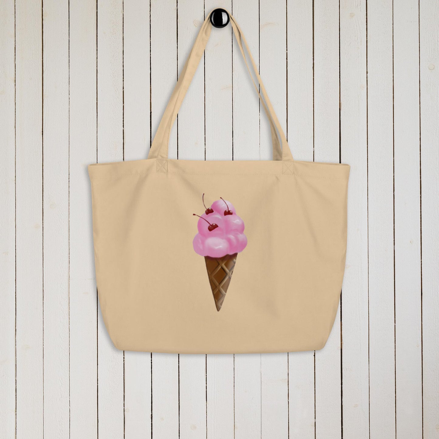 Strawberry Ice Cream Cone Large Organic Cotton Tote Bag | Eco-Friendly & Reusable