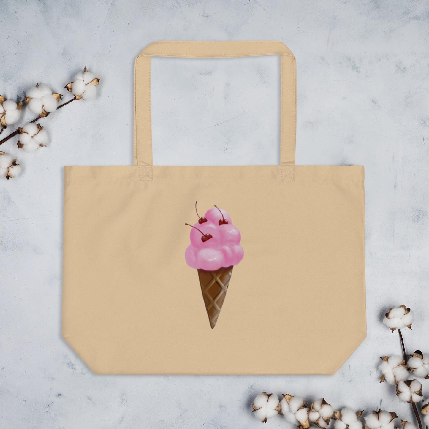 Strawberry Ice Cream Cone Large Organic Cotton Tote Bag | Eco-Friendly & Reusable