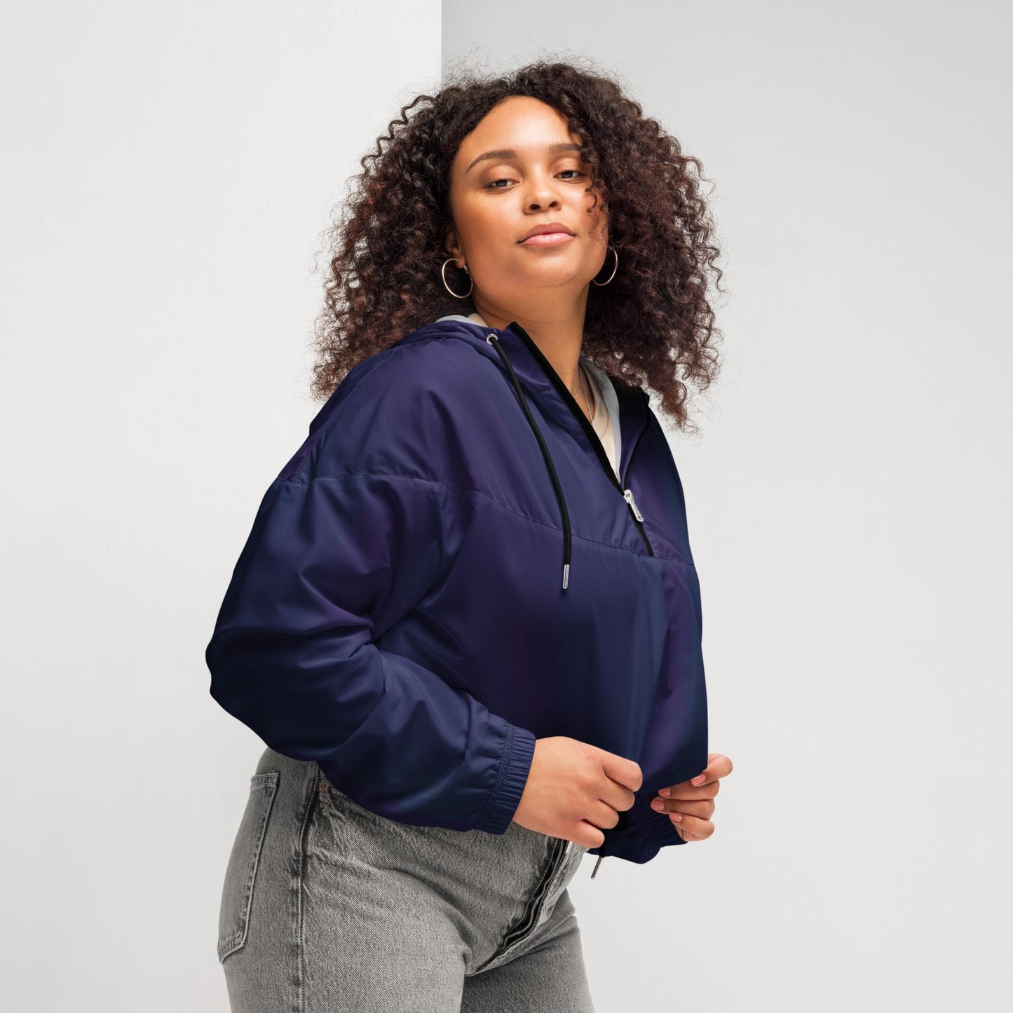 Purple Cropped Windbreaker Hoodie – Women's Water-Resistant Athletic Jacket