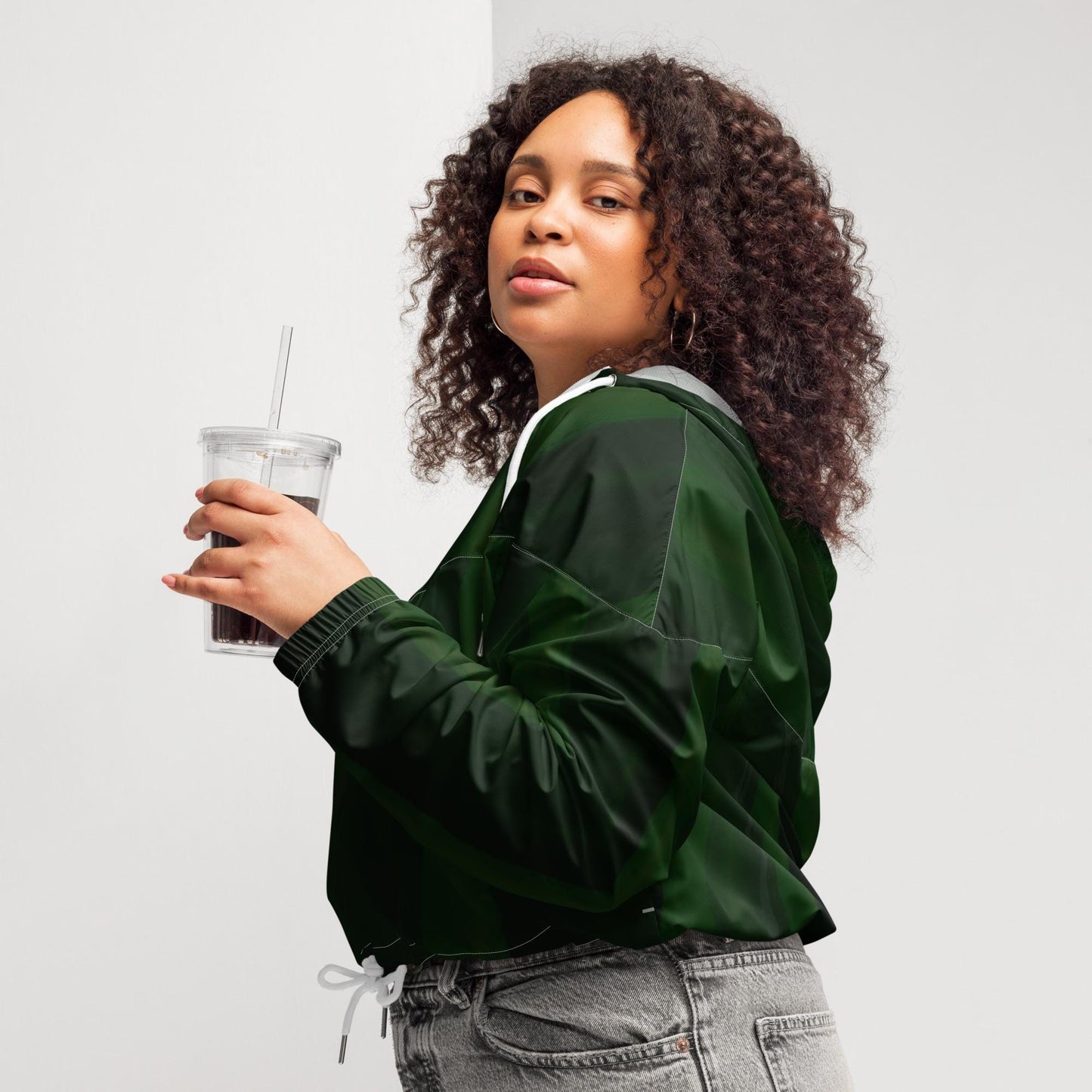 Green Cropped Windbreaker Hoodie – Women's Water-Resistant Athletic Jacket