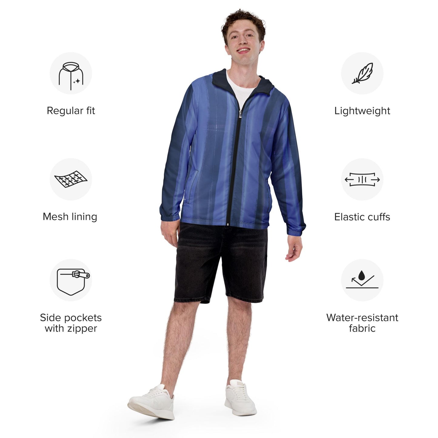 Blue and Indigo Water-Resistant Windbreaker: Men's Lightweight Mesh-Lined Jacket
