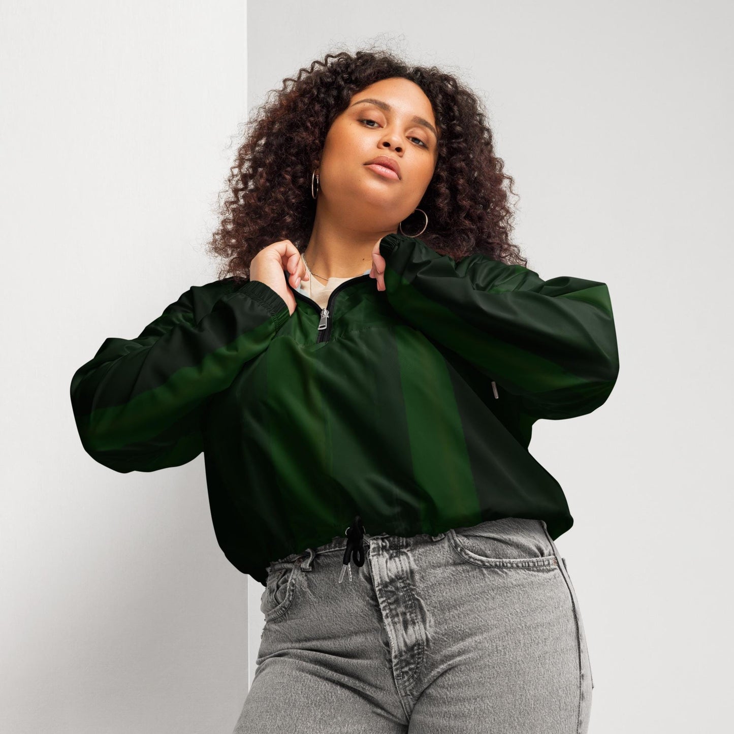 Green Cropped Windbreaker Hoodie – Women's Water-Resistant Athletic Jacket