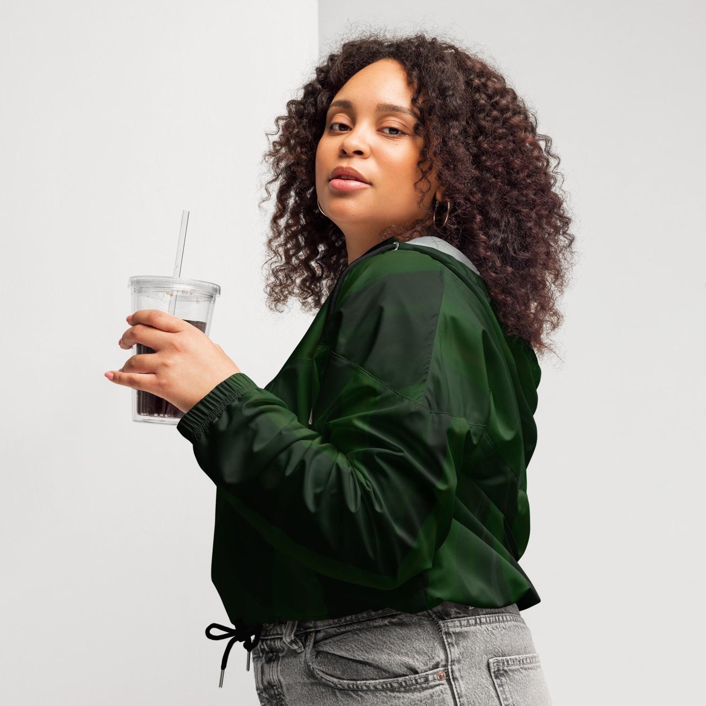 Green Cropped Windbreaker Hoodie – Women's Water-Resistant Athletic Jacket