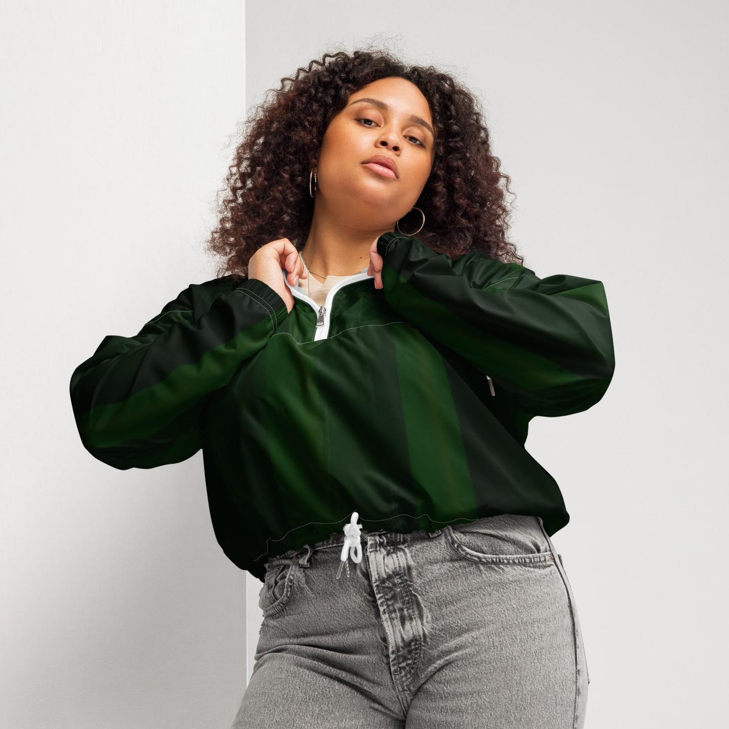 Green Cropped Windbreaker Hoodie – Women's Water-Resistant Athletic Jacket